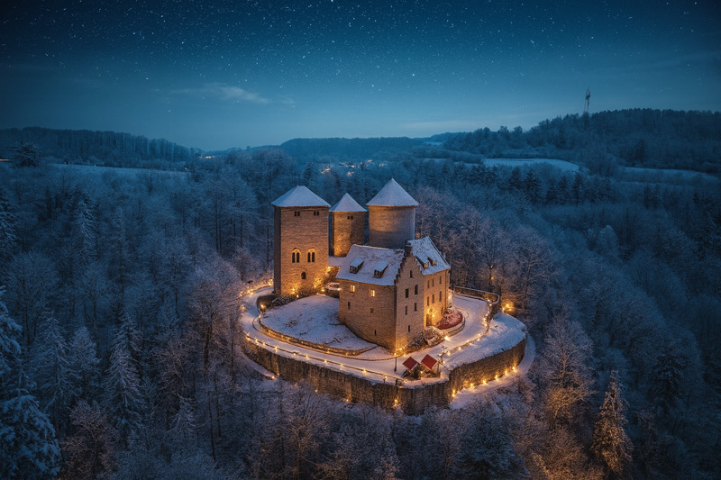 Burg Normannstein über dem winterlichen Treffurt